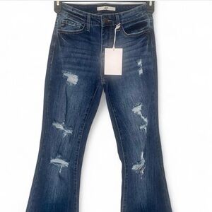 Flare Distressed Denim Jeans Stretch Dark Wash NWT